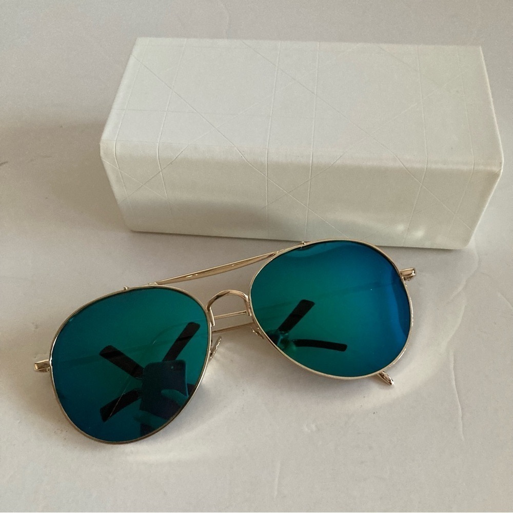 New Aviator Retro Wide Rim Blue Glass Gold Frame Sunglasses